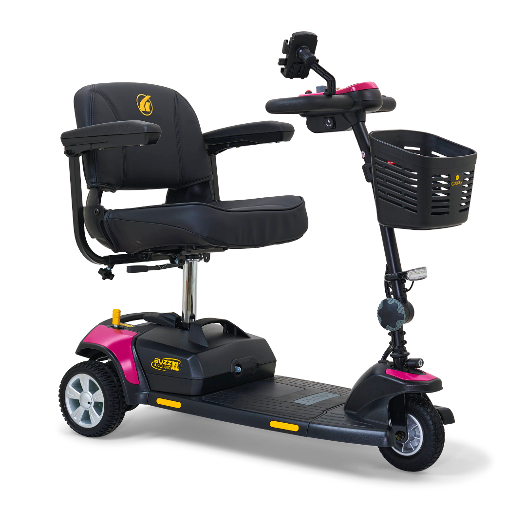 The Golden Tech GB121 Buzzaround XL 3-Wheel Portable Mobility Scooter features enhanced drivability, handlebars, a black padded seat with armrests, and a front basket. Its stylish frame showcases a blend of black and magenta hues.